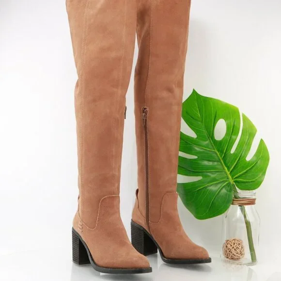 Jeffrey Campbell Womens Ryding Boot Size 6 OTK TAn Cognac Suede Block Heel Comfy - Picture 1 of 12